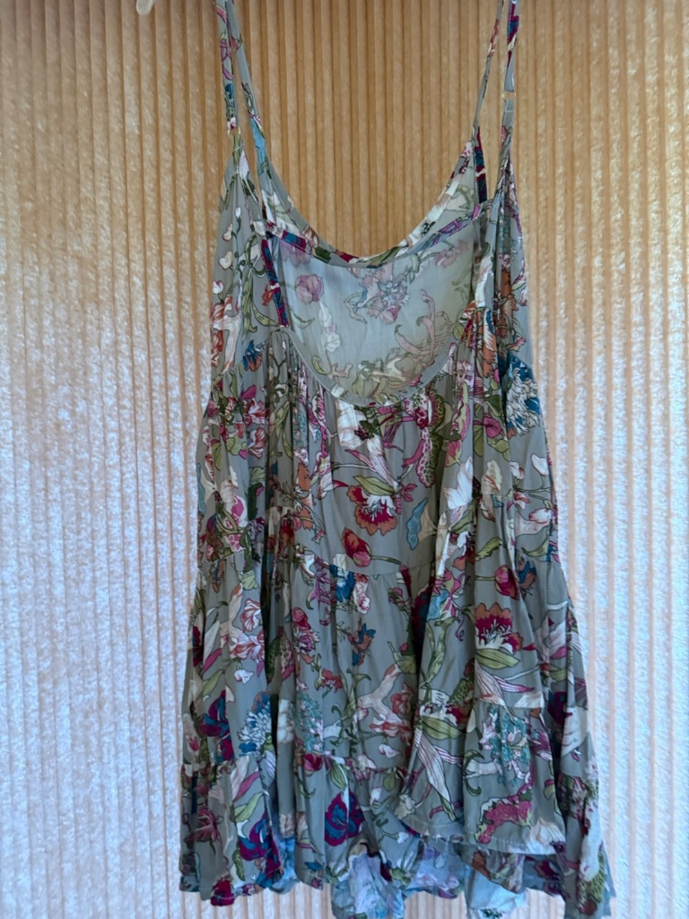 Bagus Floral Tiered Spaghetti Strap Sundress - Taupe with Pink/Teal Flowers - Picture 3 of 5